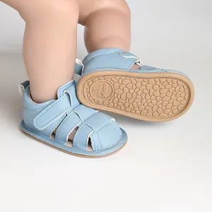 Detail view showing the non-slip sole and breathable design of blue baby pre-walker sandals.