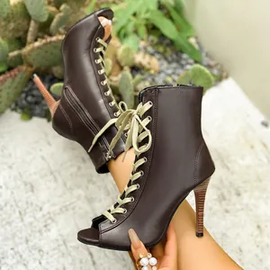 Dark brown lace-up peep-toe jazz dance boots with high stiletto heels and side zipper