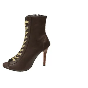 Professional brown lace-up peep toe jazz dance boots with sexy high stiletto heels