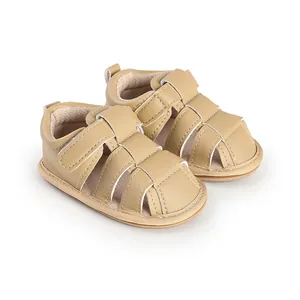 Side view showing details of khaki leather baby sandals with breathable hollow design for infants