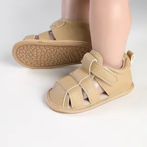 Detailed view of breathable khaki baby sandals featuring a soft non-slip rubber sole