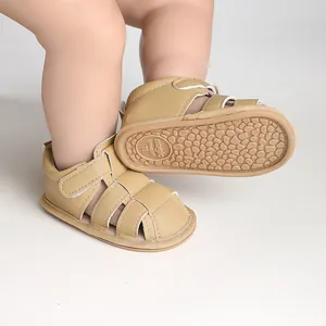 Close-up detail of khaki baby sandals featuring a breathable design and anti-slip textured sole