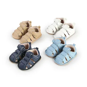 Four pairs of breathable synthetic leather baby sandals in tan white navy and light blue colors