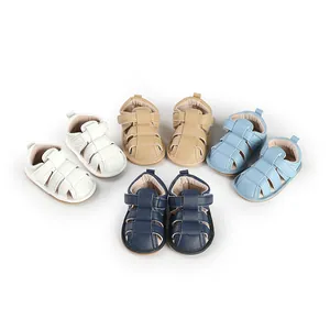 Macro view of breathable baby sandals in four distinct colors on a white background.