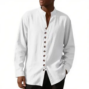 Close-up of white men's linen shirt featuring a mandarin collar and dark buttons