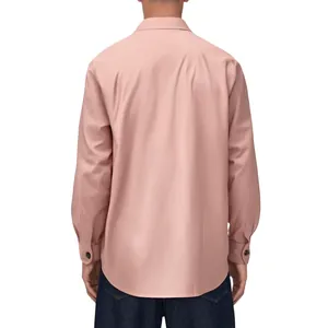 Detailed back view of a men's casual long-sleeved shirt in dusty rose featuring a stand-up collar