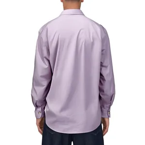 Back view of a premium lavender long-sleeved men's casual shirt with stand collar.