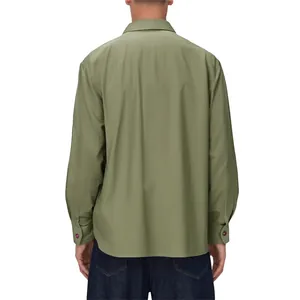 Detailed back view of a men's casual olive green long-sleeved shirt featuring clean cut