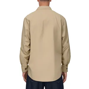 Back view of a men's khaki casual long sleeve shirt with a clean minimalist design.