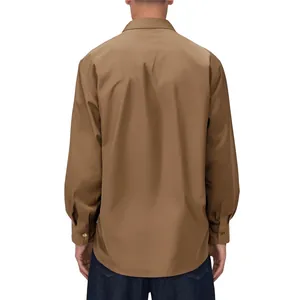 Back view of a men's casual long sleeve shirt in solid brown with a curved hem.