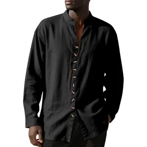 Close-up of black men's long-sleeved linen shirt with stand collar and wood buttons