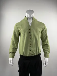 Detailed front view of a green men's long-sleeved casual shirt with stand collar on mannequin