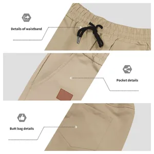 Détails du short décontracté kaki pour homme: taille, poche latérale et poche arrière.