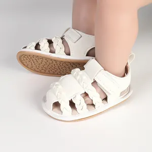 White braided baby summer sandals featuring soft non-slip soles for infant pre-walkers