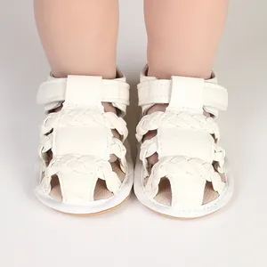 White braided strap baby sandals with breathable design and soft sole for infants