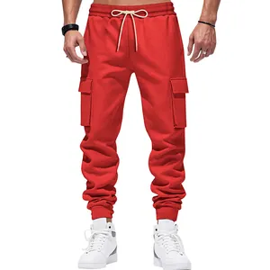 Front view of men's red cargo jogger pants with multi-pockets and drawstring
