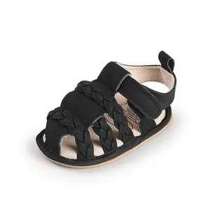 Black braided baby sandal with soft sole and hook-and-loop closure for infant boys