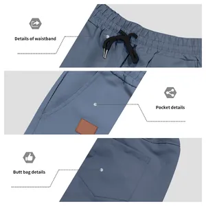 Vues détaillées du short décontracté bleu pour hommes avec cordon de serrage et poches