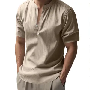 Detail view of khaki linen shirt for men featuring a relaxed fit and stand collar