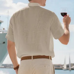 Detailed back view of a men's casual beige linen short sleeve shirt with stand collar