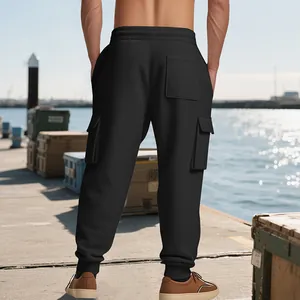 Detailed back view of men's heavy black cargo sweatpants with multi-pockets and cuffs