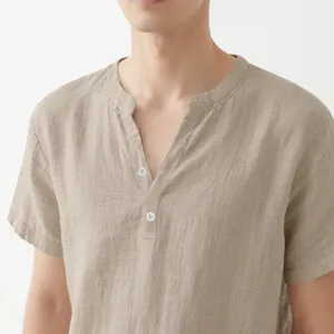 Macro detail of men's beige linen shirt featuring a split stand collar and button accents