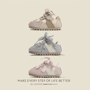 Elegant floral toddler girl sneakers with soft soles in beige, grey, and pink colors