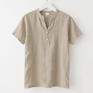 Detailed view of the standing collar and front button placket of the beige linen shirt.