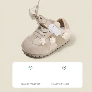 Soft-sole baby girl walking shoes with 3D flower decor in German trainer style