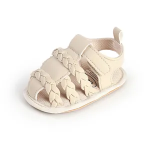 Beige breathable braided baby boy sandals with secure hook and loop closure strap