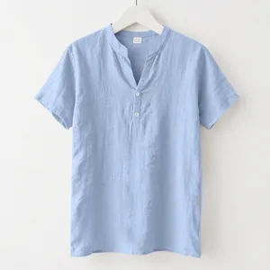 Casual light blue men's linen shirt with mandarin collar and short sleeves detail