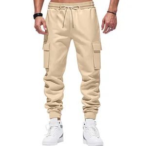 Front view of men's heavyweight khaki cargo jogger pants with side pockets