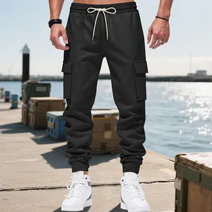 Casual black heavy fabric cargo pants for men featuring multiple pockets and drawstring