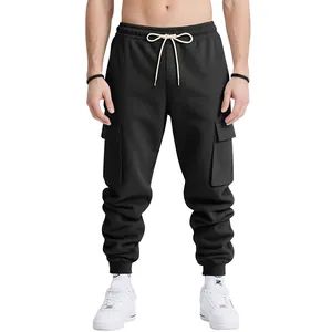 Front view of men's heavy black cargo sweatpants with drawstring waist and ribbed cuffs