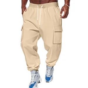 Close-up of men's heavy khaki cargo sweatpants with multi-pockets and drawstring waist