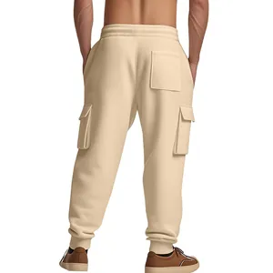 Detailed back view of beige heavyweight men's cargo joggers with functional pockets