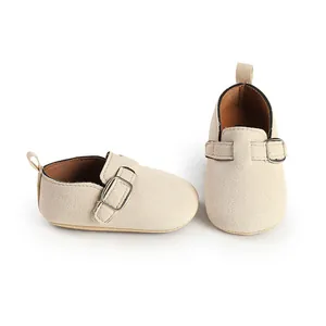 Retro beige baby loafers with matte texture and buckle strap for spring and autumn