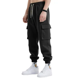 Close-up of black heavy cotton cargo sweatpants with multi-pocket street style detail