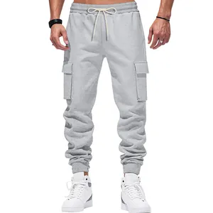 Detailed view of light gray heavy-duty cargo joggers with side pockets and drawstring waist
