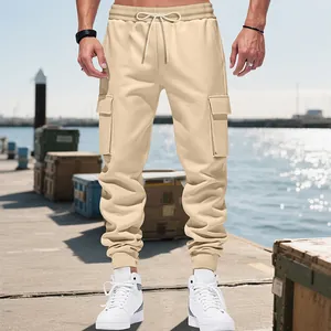 Men's heavy casual cargo joggers in beige with multiple pockets and drawstring waist detail