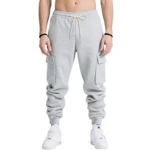 Front view of men's heavy-weight grey cargo joggers with multi-pocket design for streetwear