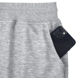 Detailed close-up of side pocket on grey heavy weight joggers showing phone storage capacity