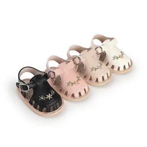 Sandali estivi per neonata con fiori ricamati, scarpe primi passi morbide per 0-1 anno
