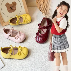 Girls Mary Jane Princess Shoes Korean Style Bowknot Soft Sole Patent Leather Flat Single Shoes For Toddler Little Kids