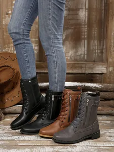 Mittelhohe Schnürstiefel für Damen mit seitlichem Reißverschluss und Schnallendetails