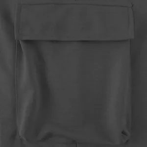 Close-up of large cargo pocket detail on heavyweight dark gray joggers for men.