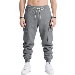 Heavyweight grey men's loose fit cargo sweatpants featuring multiple utility pockets