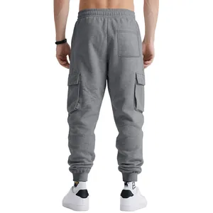 Detail showing back view of grey heavy cargo sweatpants with functional pockets