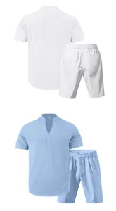 Dettagli fronte e retro del completo estivo da uomo in lino con camicia Henley e pantaloncini