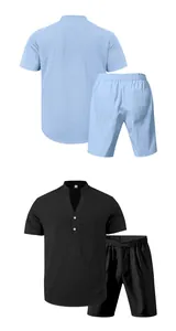 Set estivo da uomo in lino con maglia Henley e pantaloncini in blu chiaro e nero